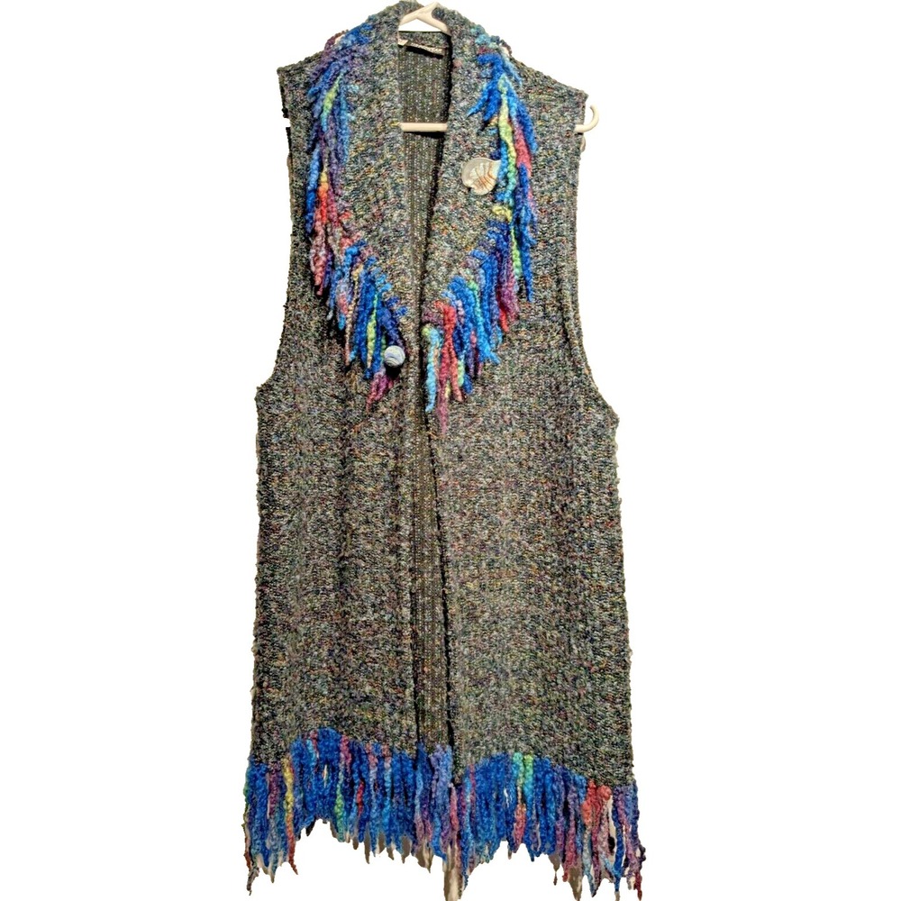 Hobowear Wool Artsy Style Yarn Fringe Detail Boho Lagenlook Cardigan Vest Sz: M